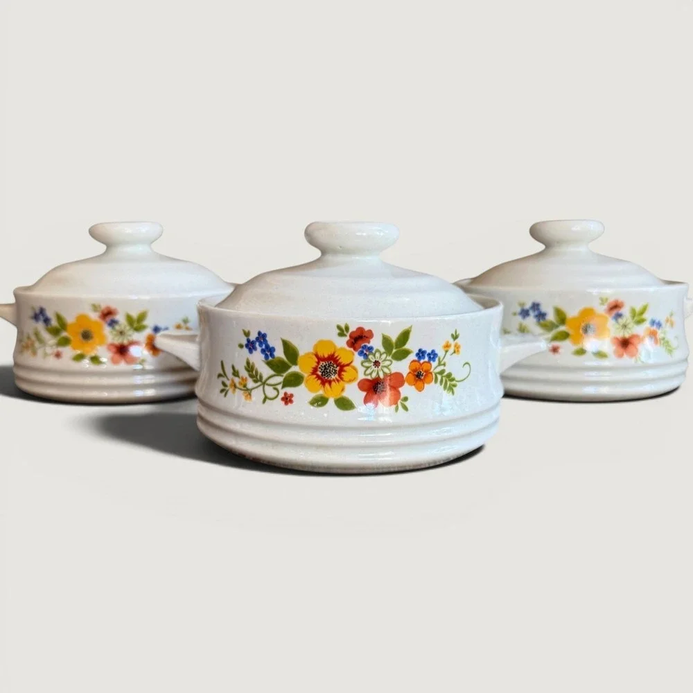 Vintage JMP Sweet Flowers Stoneware Casserole Lids Set of 3 Made in Japan